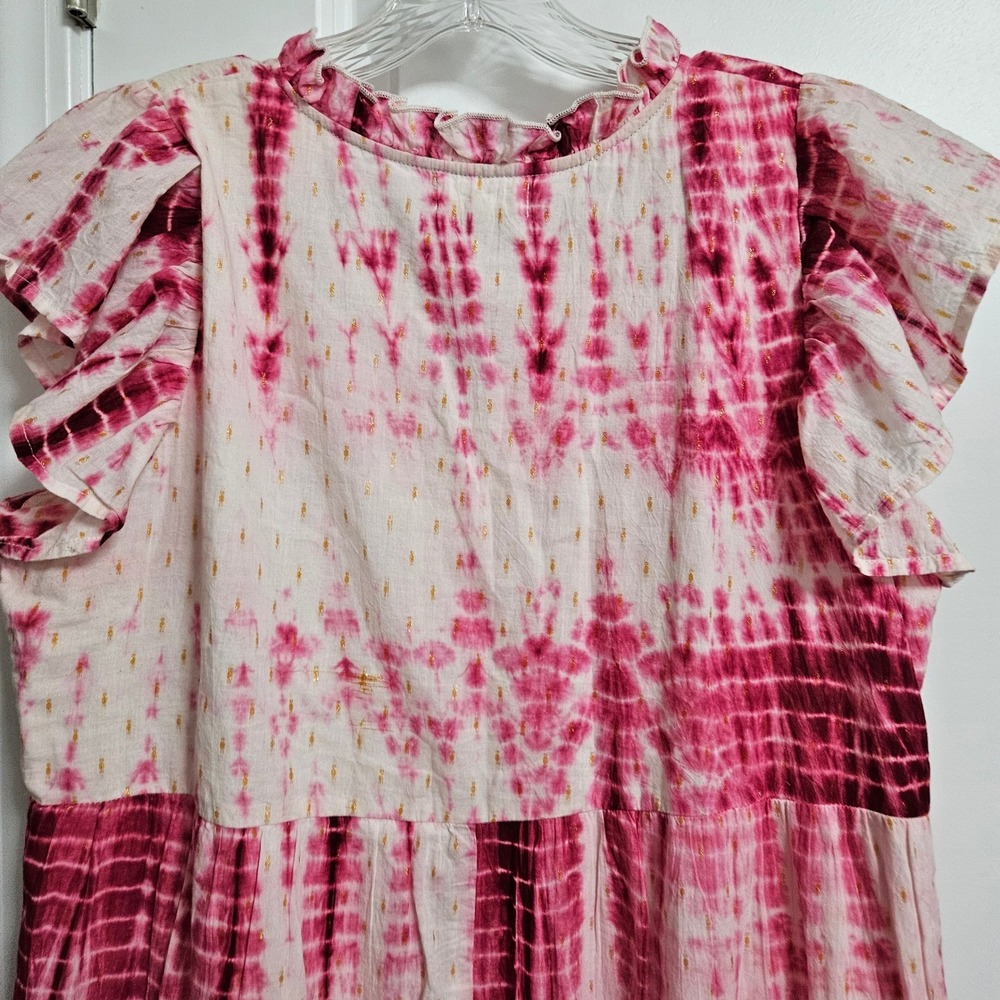 THML Anjuna Tie Dye Maxi Dress Womens Large Pink Tiered Metallic Tassel Boho - Picture 10 of 12